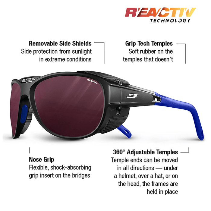 Julbo-usa Explorer 2.0: Black glacier sunglasses with red high-protection lenses, blue temples, removable side shields, nose grip, 360° adjustable and Grip Tech temples—secure and comfortable for alpine mountaineering. #color_black-blue-with-reactiv-0-4-high-contrast-lens