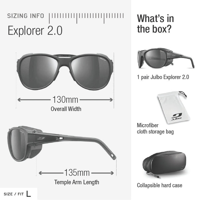 Julbo Explorer 2.0 sunglasses with measurements and packaging details on a white background. #color_black-blue-with-reactiv-0-4-high-contrast-lens