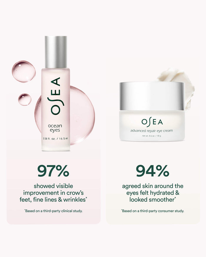 OSEA eye cream bottle and jar with product benefits on a white background