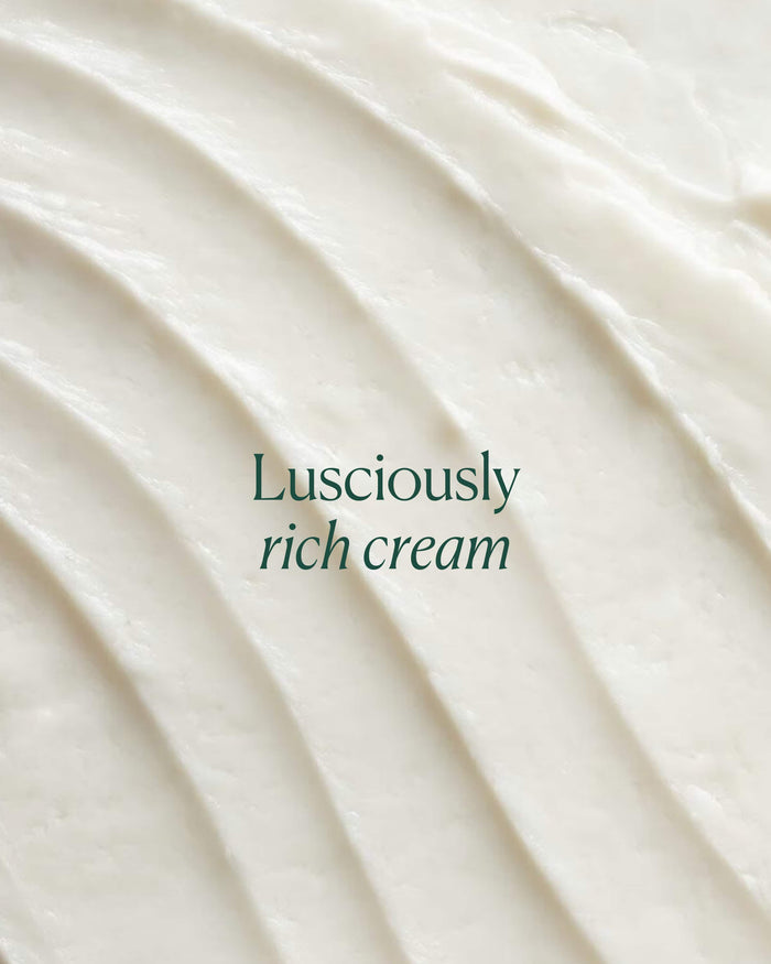 Close-up of luscious cream with text 'Lusciously rich cream' on a white background