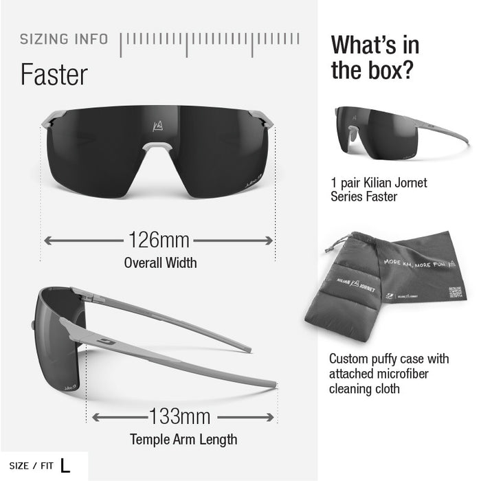 Sunglasses with measurement details and packaging information on a white background