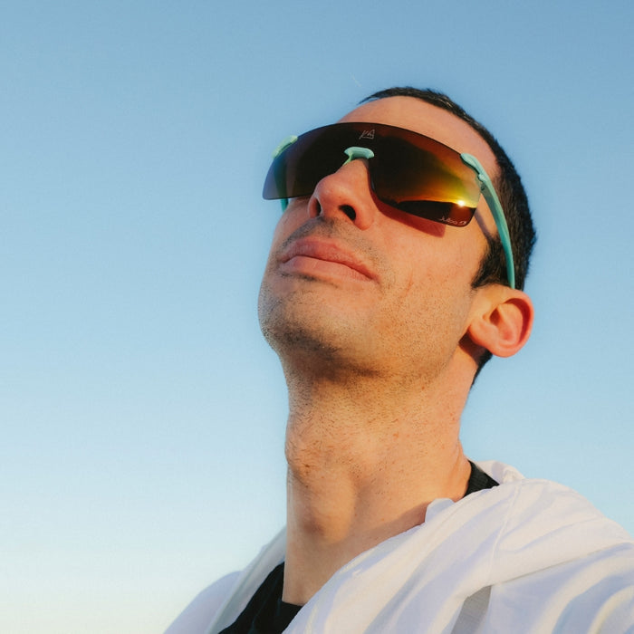 Man wearing reflective sunglasses against a clear blue sky