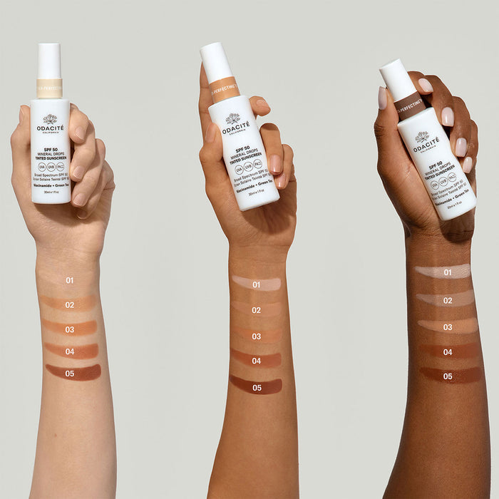 An arm swatch of Odacité Flex-Perfecting Mineral Drops Tinted Sunscreen SPF 50 variant: 02 Light-Medium