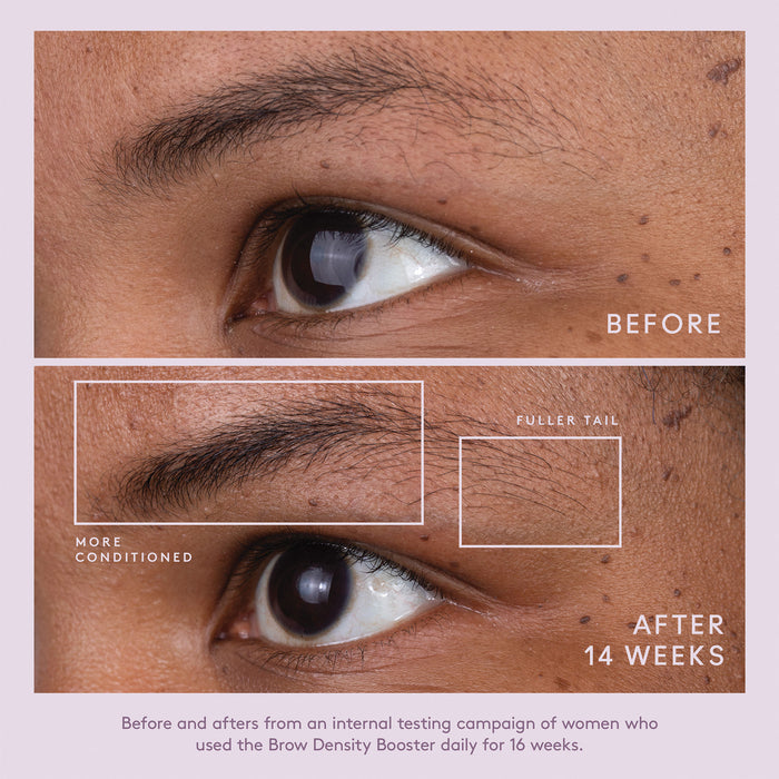 Before and after results of using Virtue Flourish Brow Density Booster
