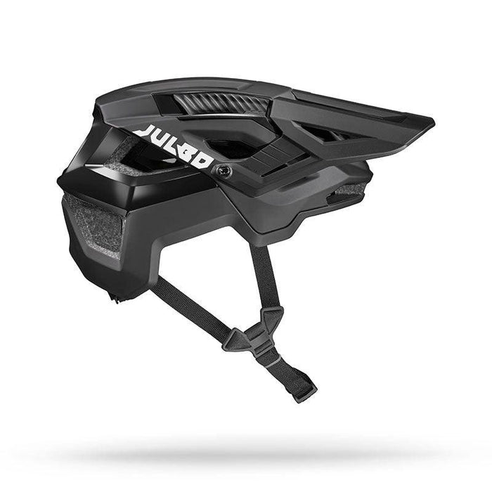 The Julbo USA Forest Evo mountain bike helmet in black features MIPS protection, visor, ventilation slits, adjustable chin strap, and is eyewear compatible. Shown on a white background for added safety and convenience.