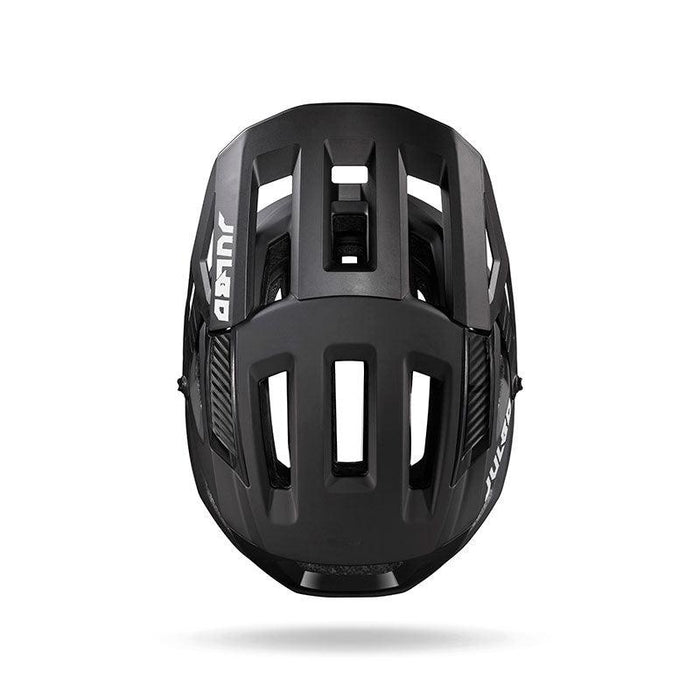 The Julbo USA Forest Evo black mountain bike helmet, shown from above, features multiple vents, white side brand markings, and an eyewear-compatible design for MIPS protection and superior comfort.