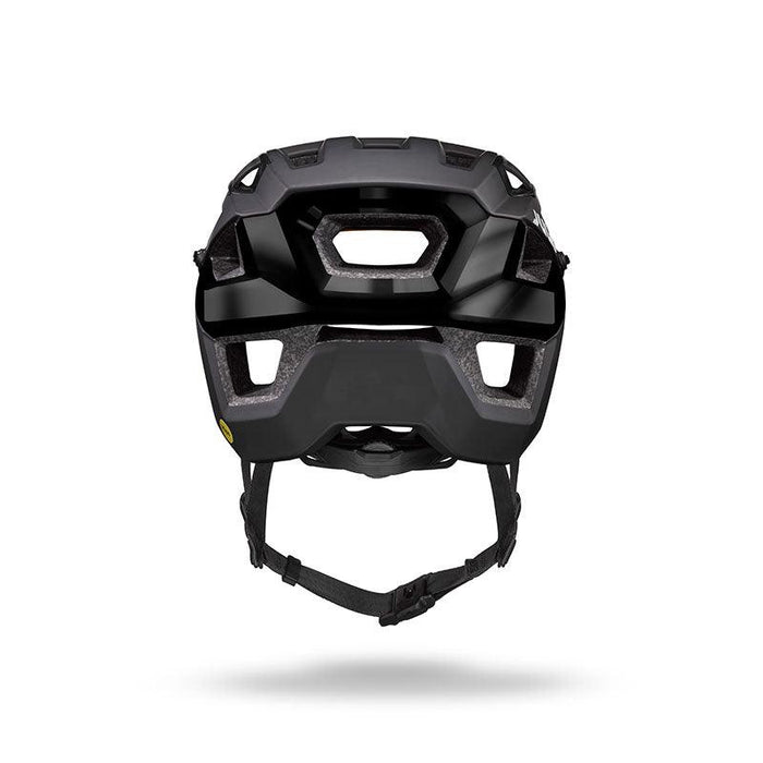 Front view of the Julbo USA Forest Evo black mountain bike helmet featuring multiple ventilation holes, MIPS protection, and an adjustable chin strap, set against a plain white background.