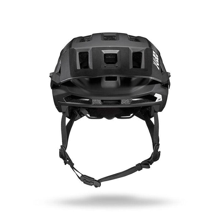 The Julbo USA Forest Evo is a black mountain bike helmet with multiple ventilation slots, MIPS protection, and an adjustable chin strap, shown from the front against a white background.