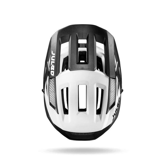 The Julbo USA Forest Evo mountain bike helmet, seen from above, is black and white with large ventilation slots, an eyewear-compatible design, and the Julbo logo on the side.