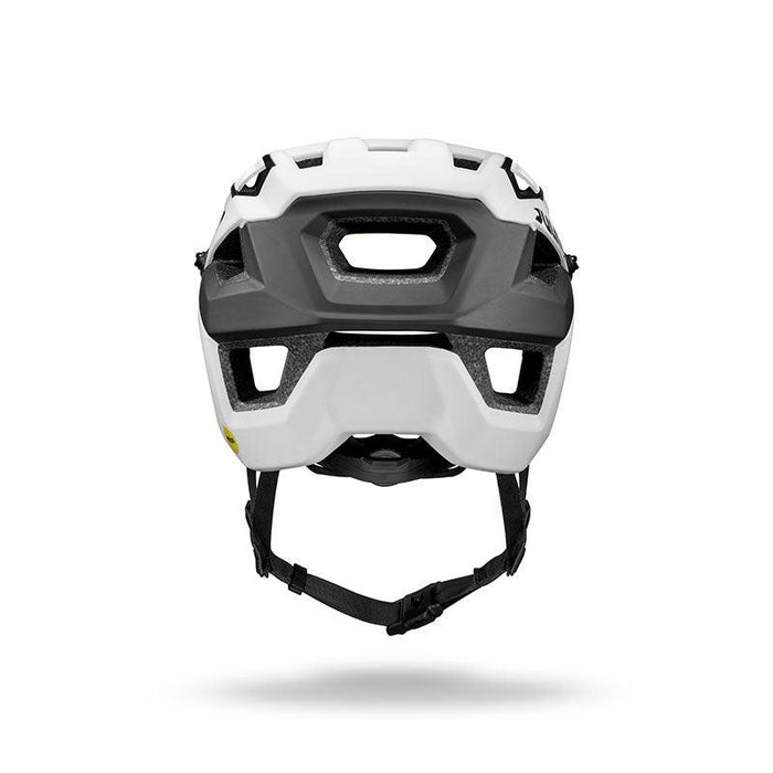 Front view of the Julbo USA Forest Evo mountain bike helmet in white and black, featuring multiple vents, MIPS protection, an adjustable black chin strap, eyewear compatibility, isolated on a white background.