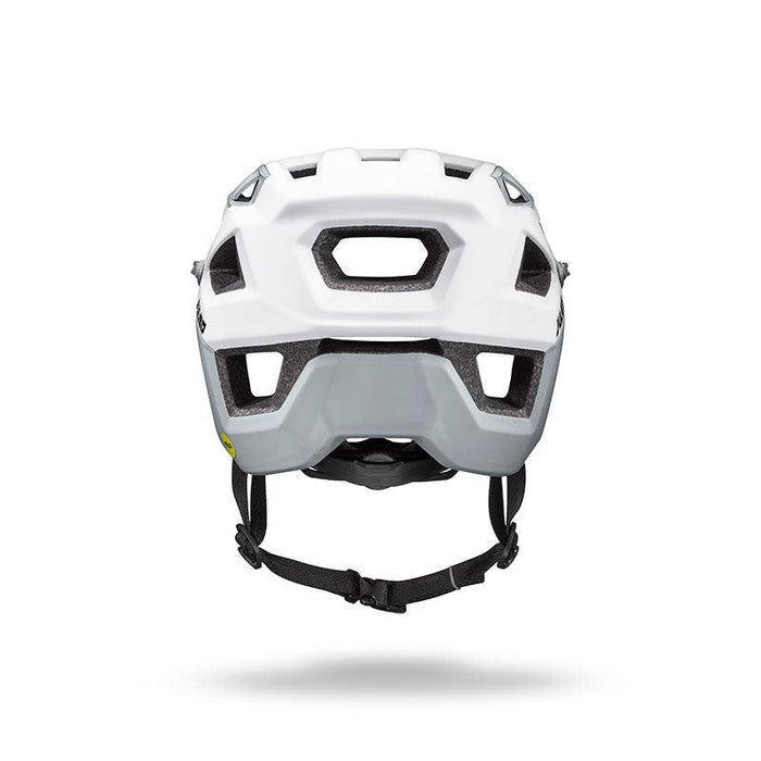 The Julbo USA Forest is a white mountain bike helmet with multiple vents, black interior padding, MIPS protection, and an adjustable black chin strap for a secure fit, shown from the front.