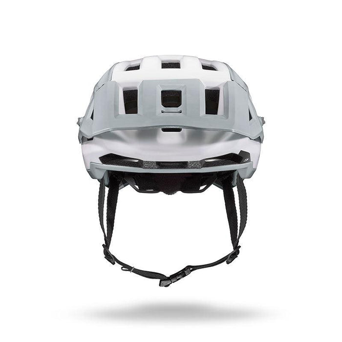 The Julbo USA Forest is a white and gray mountain bike helmet with ventilation holes, MIPS protection, and a black adjustable chin strap, shown from the front against a white background.