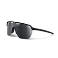Julbo Eyewear Frequency Black Series: black performance sunglasses with a single wraparound Black Spectron 3 lens, thin frame, and straight arms—ideal for outdoor activities. Shown on a white background.