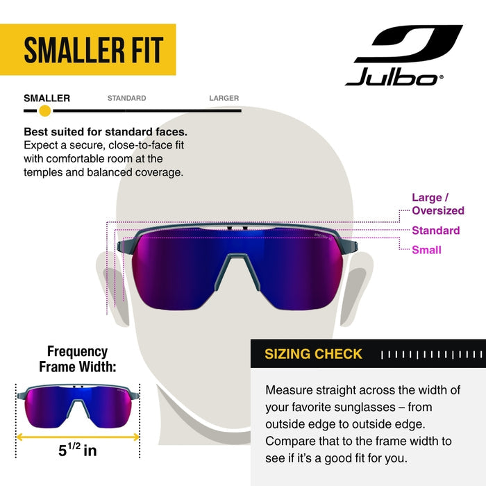 Julbo sunglasses size guide graphic for a smaller fit, showing a front view of shield-style sunglasses on a head silhouette with labels for large/oversized, standard, and small sizes, plus a frame width measurement and sizing check instructions.