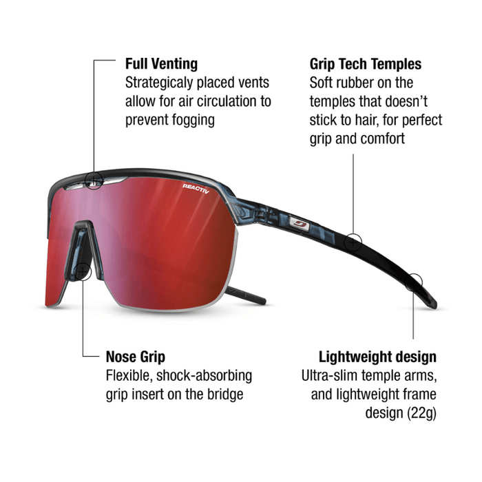 Julbo Eyewear’s Frequency sunglasses in black and red feature a vented lens for airflow, nose grip, grip tech temples, and a lightweight design—ideal for full-coverage protection during sports activities. #color_translucent-blue-black-with-reactiv-0-3-high-contrast-lens