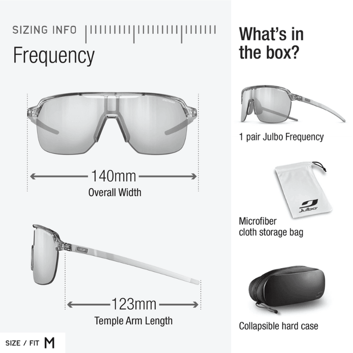 Front and side view of Julbo Eyewear Frequency shield sunglasses with vented lens, size medium; includes sunglasses, microfiber bag, and collapsible hard case. #color_translucent-blue-black-with-reactiv-0-3-high-contrast-lens