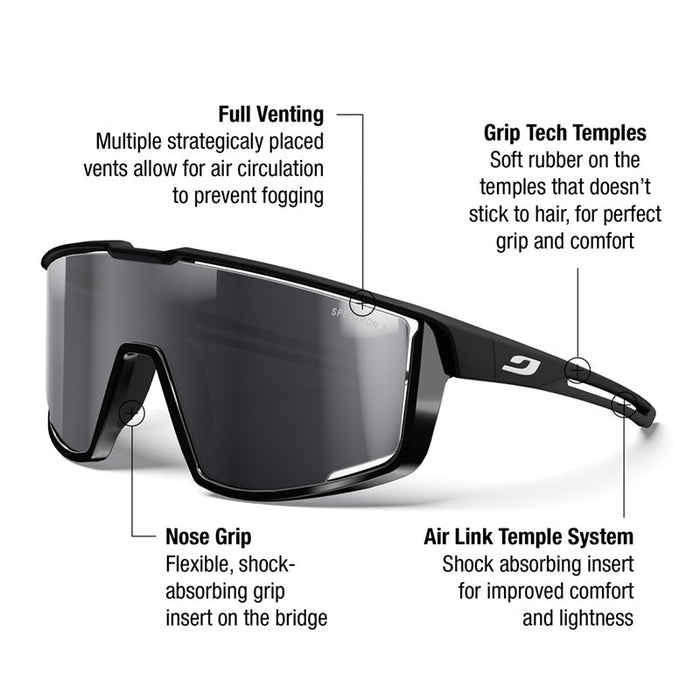 Julbo Eyewear's Fury Black Series sunglasses with a Black Spectron 3 lens offer full venting, Grip Tech temples, a flexible nose grip, and an Air Link temple system for superior comfort, grip, and anti-fog performance.
