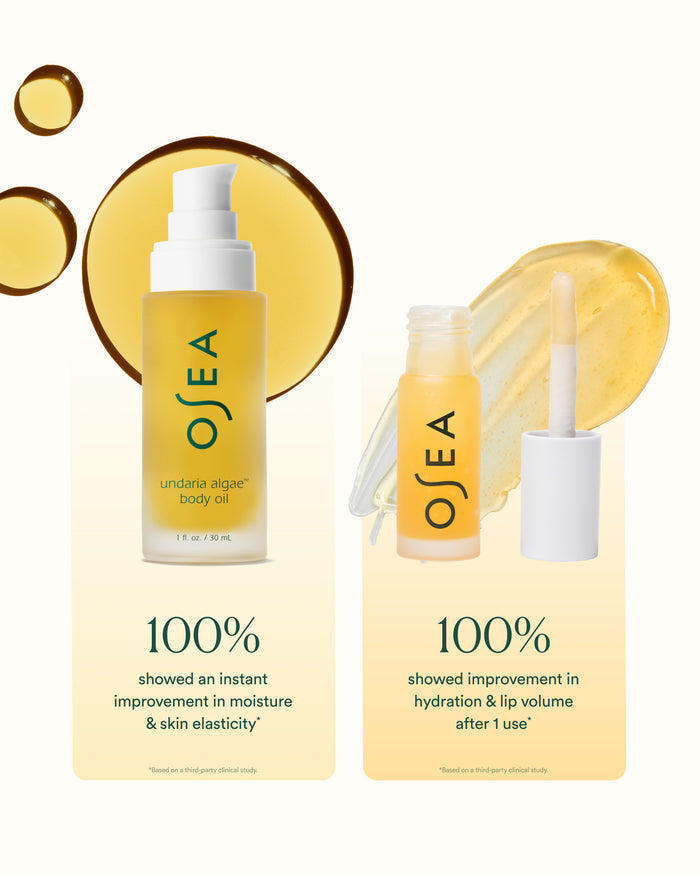 OSEA undaria algae body oil shown in two pump bottles with applicator, set against a pale cream background with golden liquid droplets and text claiming 100% improvement in moisture and skin elasticity.