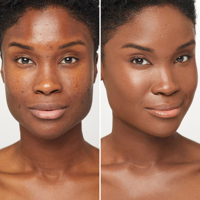 Before and after results of using Trish McEvoy Gorgeous Even Skin Foundation variant: 12DN - Deep with neutral undertones, for dark to deep skin