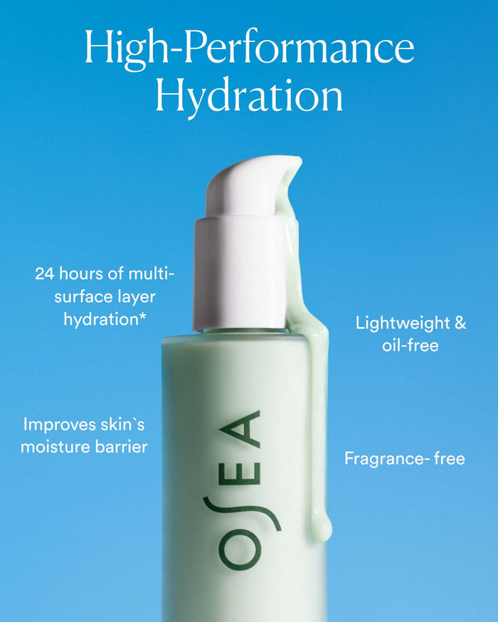 High-Performance Hydration highlighting 24-hour moisture, lightweight oil-free formula, and fragrance-free benefits
