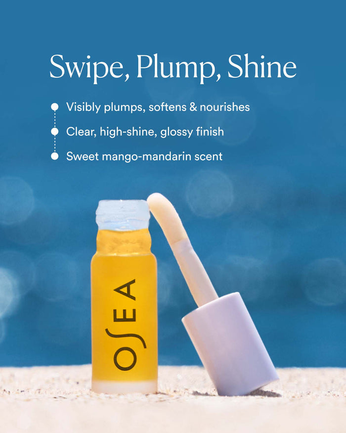 Lip oil benefits highlighting plumping, glossy shine, and sweet mango-mandarin scent