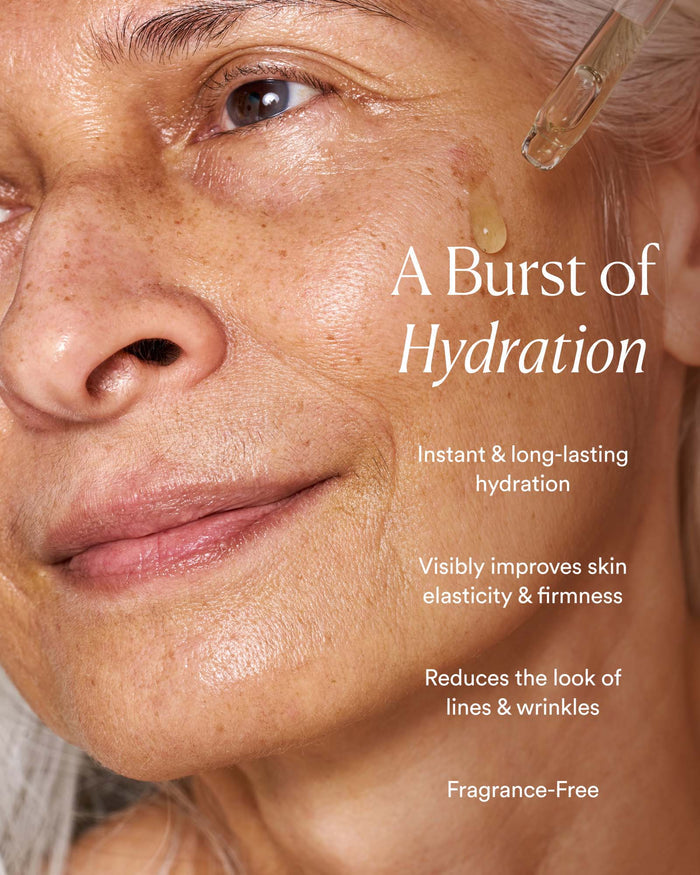 Hyaluronic Sea Serum highlighting instant, long-lasting hydration, improved elasticity, and fragrance-free formula