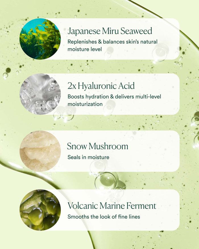 Key ingredients: Japanese miru seaweed, dual hyaluronic acids, snow mushroom, and volcanic marine ferment for multi-level hydration and smoothing