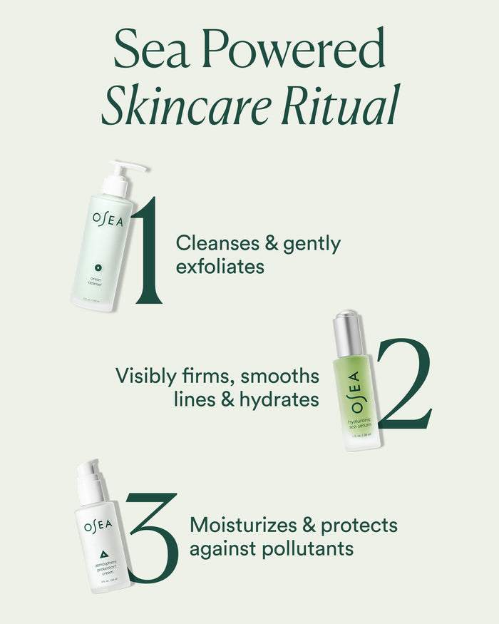 Sea Powered Skincare Ritual featuring cleanse, hydrate with serum, and moisturize to protect against pollutants
