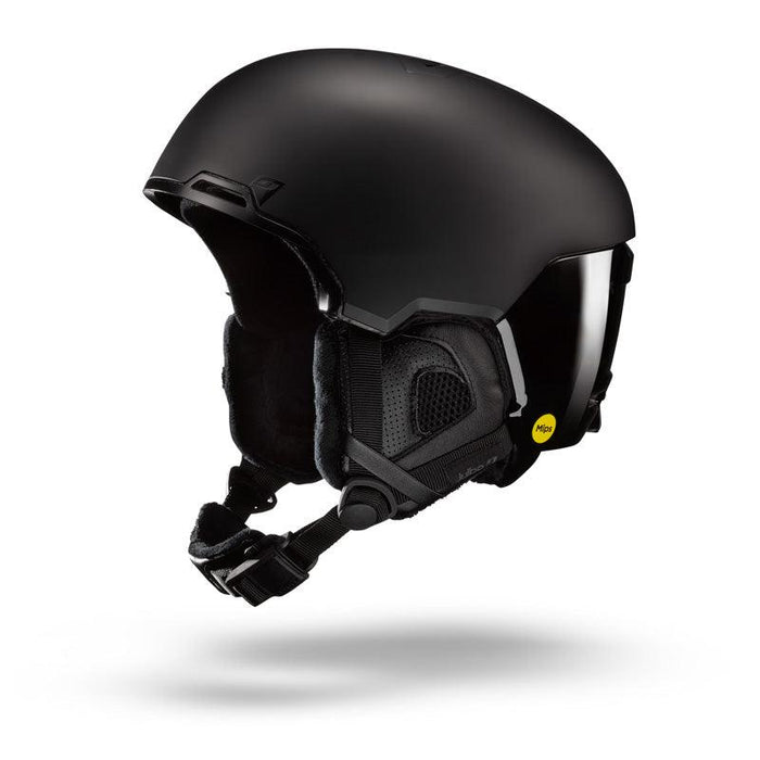 Julbo Eyewear’s Hyperion - MIPS helmet, shown on a white background, offers ear protection, an adjustable chin strap, and yellow MIPS technology label—ideal for ski or snowboard freeride adventures.