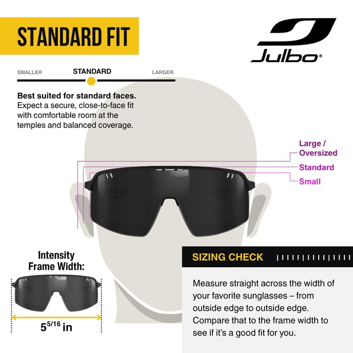 Julbo Standard Fit sunglasses sizing guide showing a front view of dark sunglasses on a head silhouette, with text explaining fit for standard faces and a frame width measurement of 5 5/16 in.