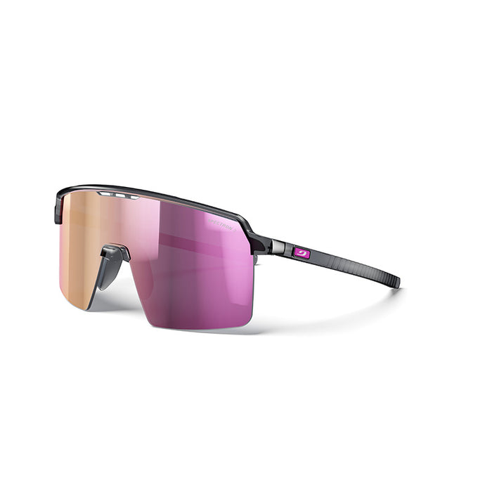 Julbo Eyewear’s Intensity Junior rimless sunglasses feature a black frame, wide pink-mirrored lenses, and slim black arms—ideal high-performance eyewear for kids’ sports—shown on a white background. #color_translucent-gray-with-spectron-3-lens