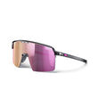 Julbo Eyewear’s Intensity Junior rimless sunglasses feature a black frame, wide pink-mirrored lenses, and slim black arms—ideal high-performance eyewear for kids’ sports—shown on a white background. #color_translucent-gray-with-spectron-3-lens