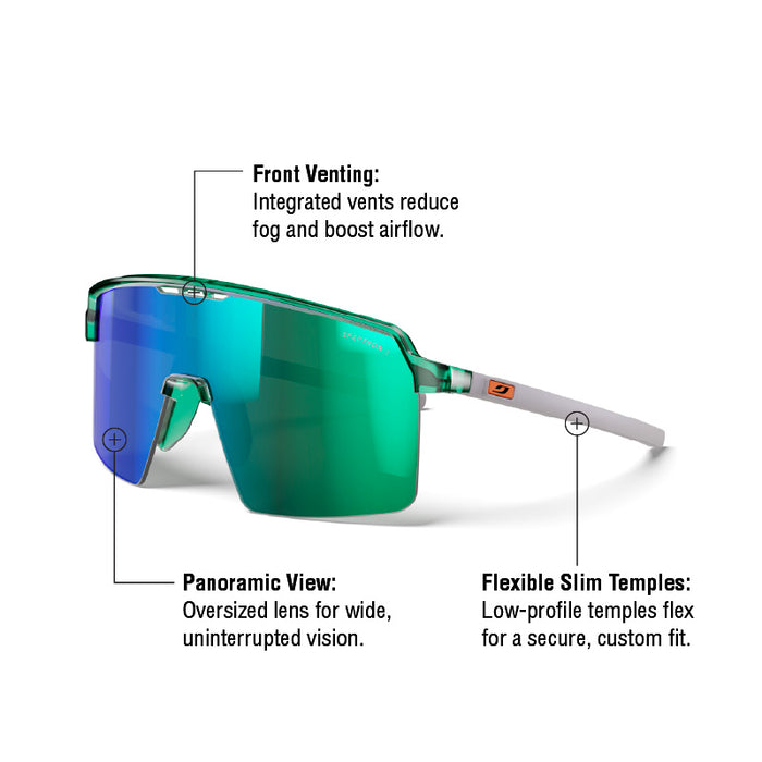 Julbo Eyewear’s Intensity Junior sunglasses offer a panoramic oversized lens, front venting, and slim, flexible temples for a custom fit—ideal high-performance kids’ sports sunglasses. #color_translucent-green-/-light-gray-with-spectron-3-lens