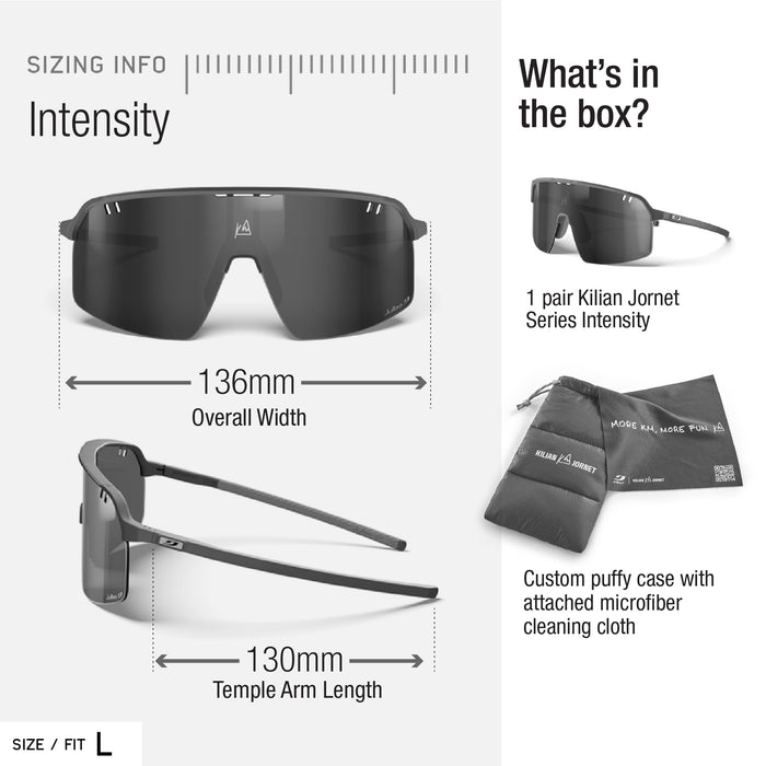 Sunglasses with measurements and packaging details on a white background
