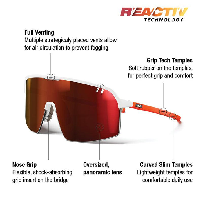 Julbo Eyewear’s Intensity sunglasses feature red lenses, full venting, nose grip, oversized lens, grip tech and curved slim temples—designed for comfort and performance on trail runs. Also compatible with photochromic lenses. #color_white-orange-with-reactiv-0-3-high-contrast-lens
