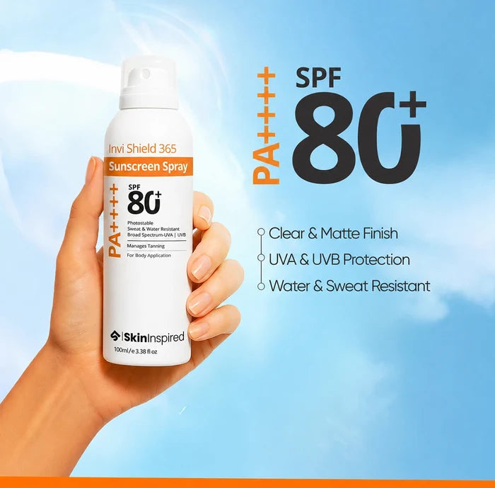 SkinInspired SPF 80 sunscreen spray providing high sun protection in an easy spray provides clear and matte finish, UVA & UVB protection, water and sweat-resistant, blue light protection.