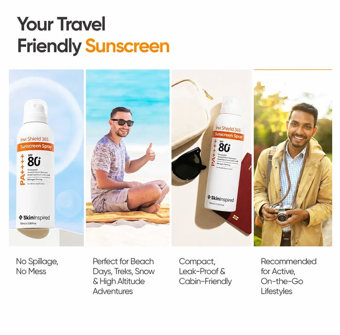 SkinInspired SPF 80 sunscreen spray shown as travel friendly for on the go sun protection