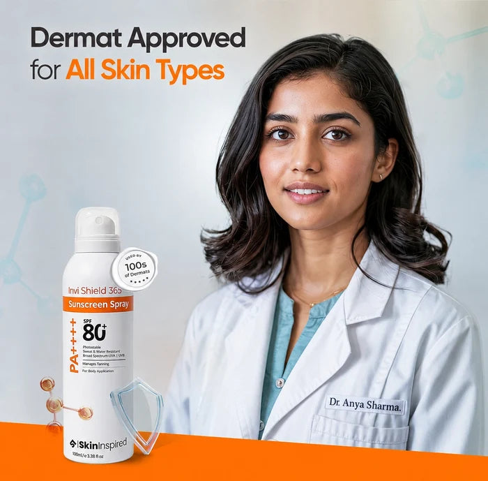SkinInspired SPF 80 sunscreen spray dermatologist approved and suitable for all skin types.