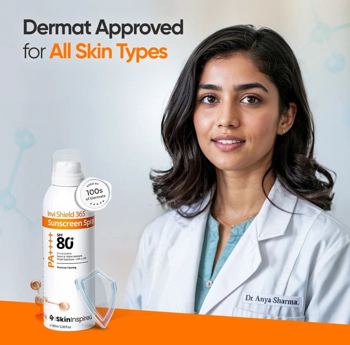 SkinInspired SPF 80 sunscreen spray dermatologist approved and suitable for all skin types.