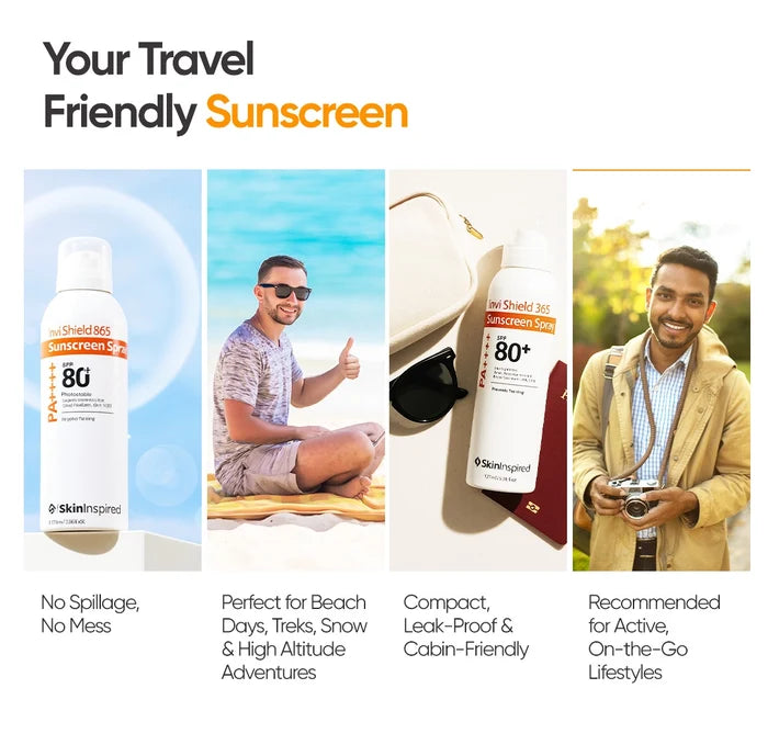 SkinInspired SPF 80 sunscreen spray shown as travel friendly for on the go sun protection