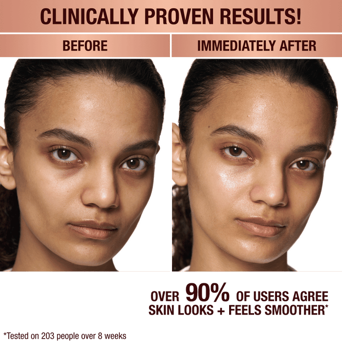 Before and after results of using Charlotte Tilbury Invisible UV Flawless Poreless Primer SPF 50 variant: 1 oz