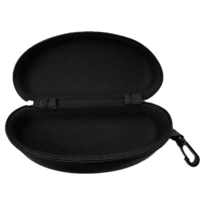 The Julbo Adventure Sunglass Case by Julbo Eyewear is a durable, black, oval hard-shell case with zippered closure and carabiner. Shown open and empty against a white background, it’s ideal for protecting your sunglasses on the go.