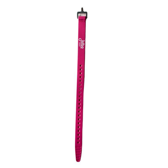 The Julbo Eyewear Julbo Ski Strap is a pink adjustable polyurethane wristband with multiple holes and a black clasp, shown on a white background. #color_flamingo