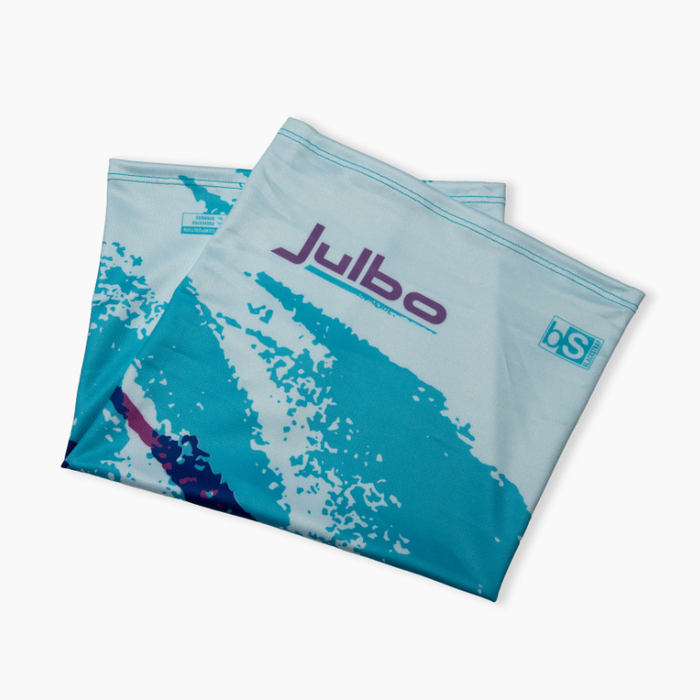 Two folded blue and white JulPro Daily Tubes by Julbo Eyewear, featuring abstract patterns and logos. These breathable neck tubes provide comfort and reliable UV protection for outdoor adventures.#color_julpro-daily-tube-90's-cup