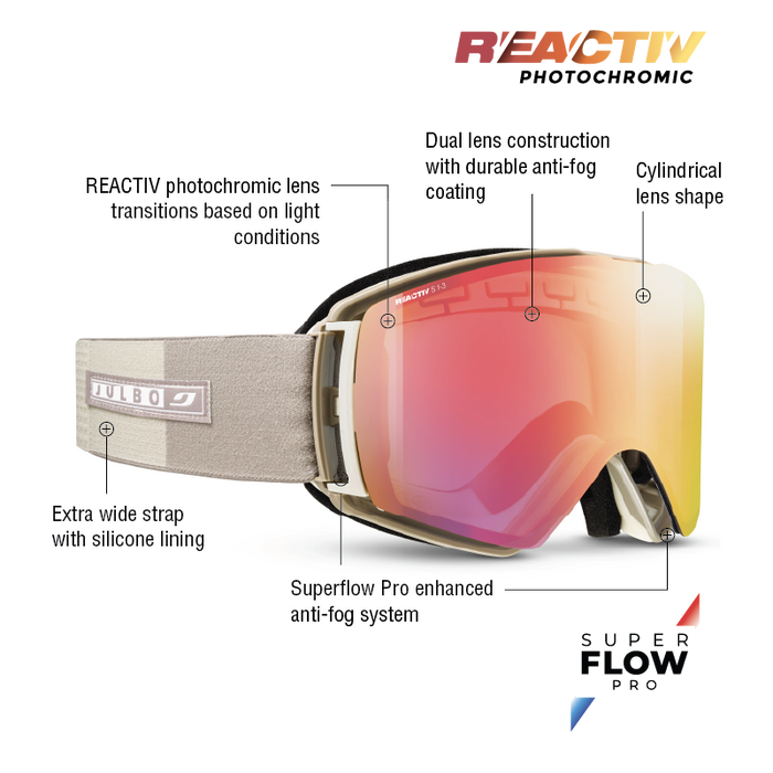 The Julbo Eyewear Launcher ski goggles feature REACTIV photochromic lenses, SuperFlow Pro anti-fog tech, an XL cylindrical design, and an extra-wide strap for advanced vision and comfort. #color_champagne-with-reactiv-1-3-high-contrast-lens