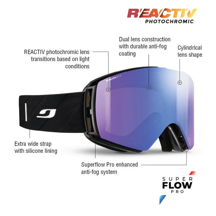 The Julbo Eyewear Launcher ski goggles feature a cylindrical photochromic XL lens, dual-lens construction with SuperFlow Pro anti-fog tech, a wide silicone-lined strap, and an advanced anti-fog system. #color_black-with-reactiv-1-3-high-contrast-lens