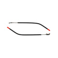 Two black, curved metal rods with red tips and hinge attachments from Julbo Eyewear—Legacy Parts—are laid parallel on a white background, perfect as replacement parts for your Legacy sunglasses. #color_legacy-temples-pair-black-red-brown