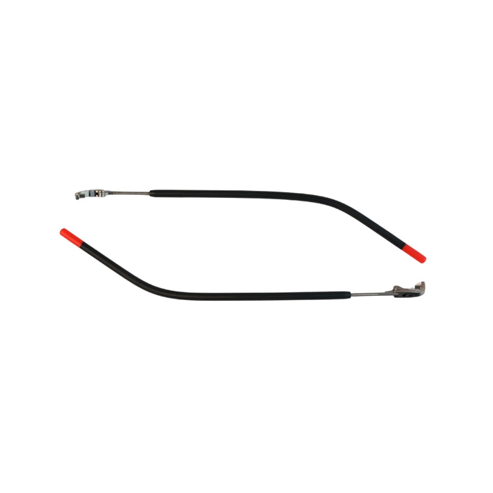 Two black, curved metal rods with red tips and hinge attachments from Julbo Eyewear—Legacy Parts—are laid parallel on a white background, perfect as replacement parts for your Legacy sunglasses. #color_legacy-temples-pair-black-red-brown