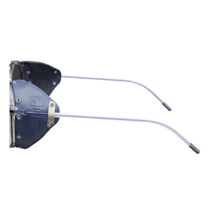 Side view of Julbo Eyewear Legacy sunglasses featuring blue leather side shields, a transparent frame, and gray-tipped arms—compatible with Legacy Parts replacement parts and spare lenses for longer use. #color_legacy-temples-pair-blue