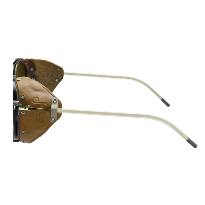 Side view of Julbo Eyewear Legacy Parts sunglasses with brown leather side shields and slim metal arms for added protection. Compatible with spare lenses and replacement parts for long-lasting use. #color_legacy-temples-pair-gray-gold